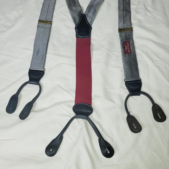 Barrons Hunter Suspenders Mens Black Gray Check Button End Leather Y-Back USA - Picture 2 of 8